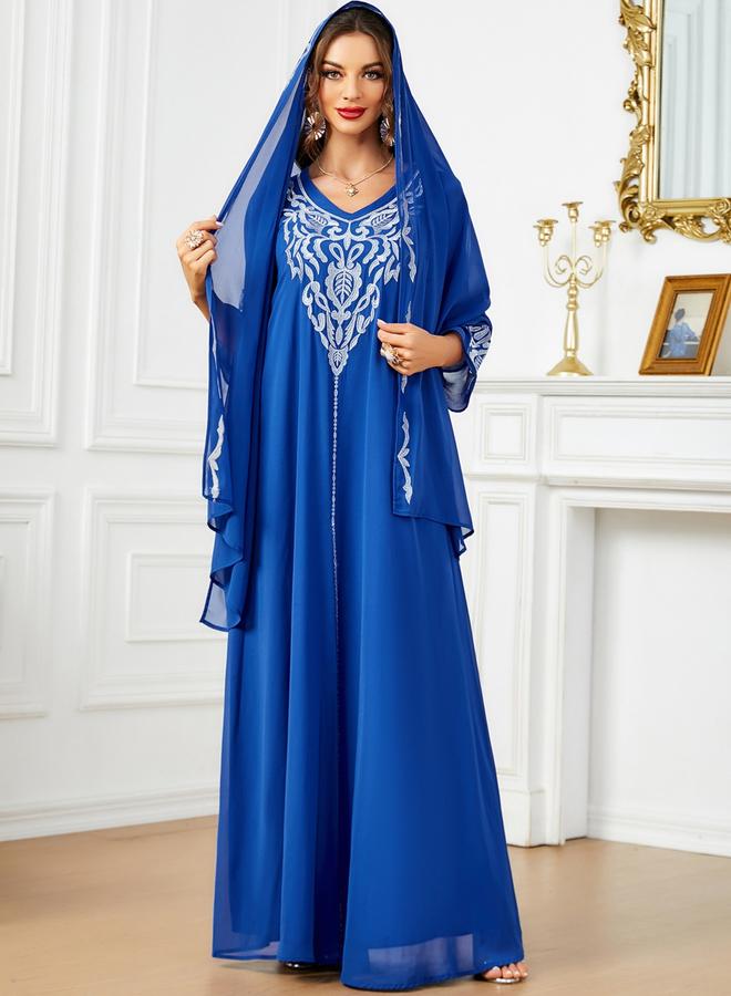 Take Two Women Embroidered V Neck Jalabiya with Hijab - Image 2